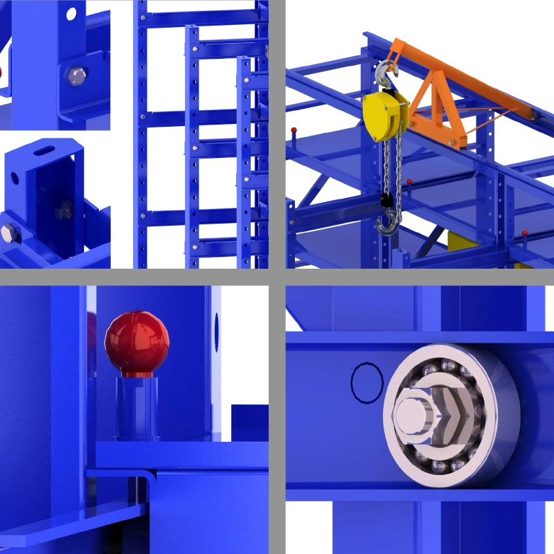 Blue three-post die roll-out rack with overhead crane rail, bearing rollers, and safety pin