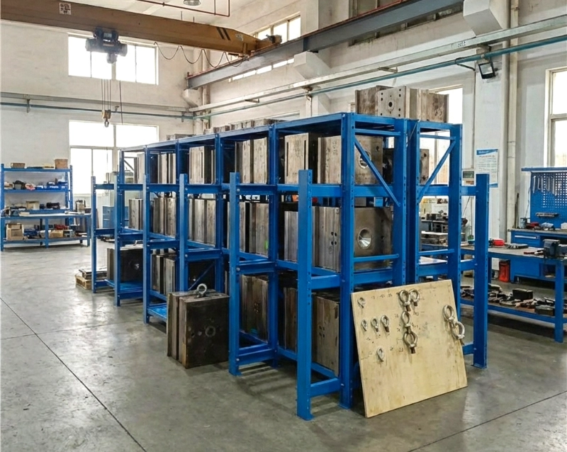 Blue three-post heavy mold rack with roll-out drawers and overhead crane clearance