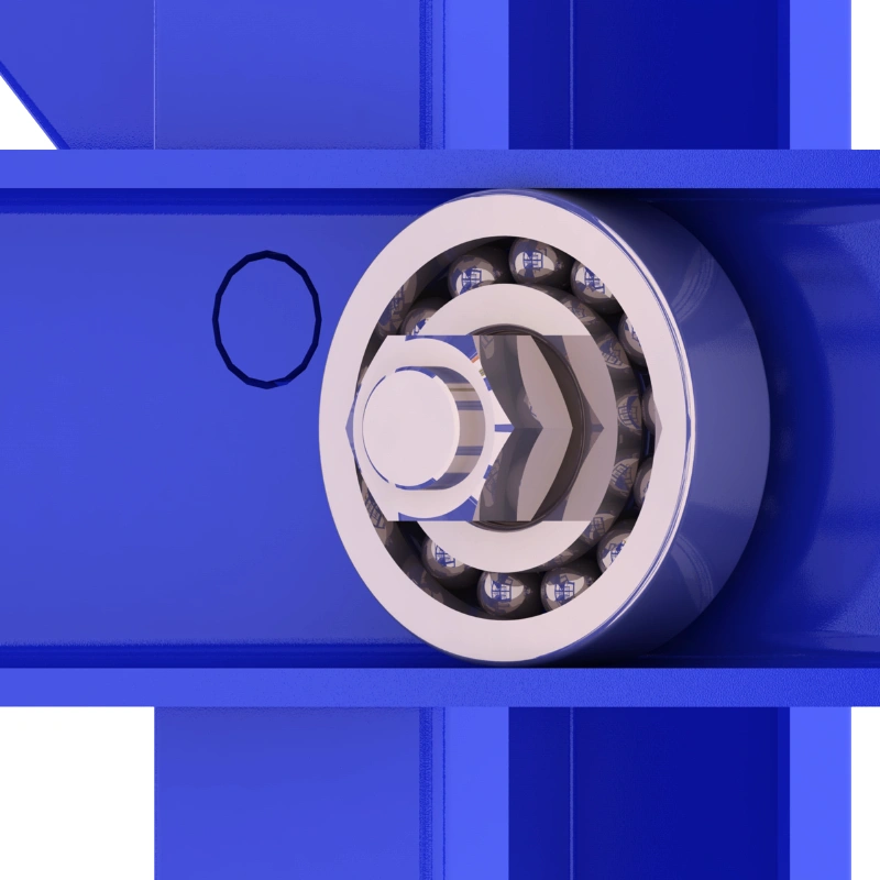 Blue roll-out mold rack bearing assembly with steel guide wheels and locking hub close-up