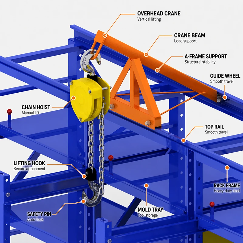 Close-up of overhead chain hoist above a blue mold rack with top rail and safety pin
