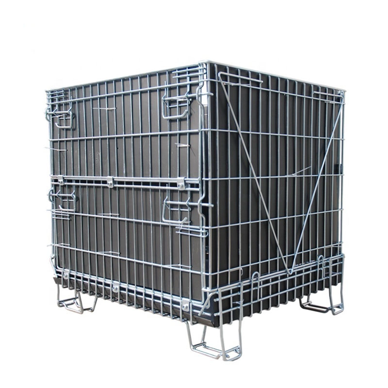 Stackable wire mesh stillage box with custom black corrugated plastic liner for precision component protection.