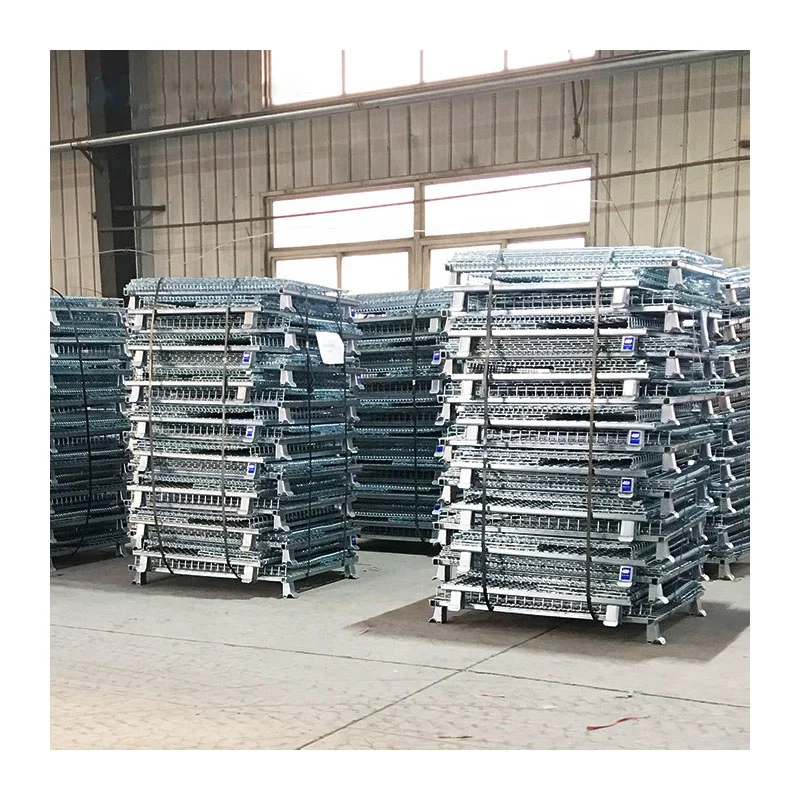 Columns of flat-packed wire mesh baskets secured with heavy strapping bands for road freight shipment.