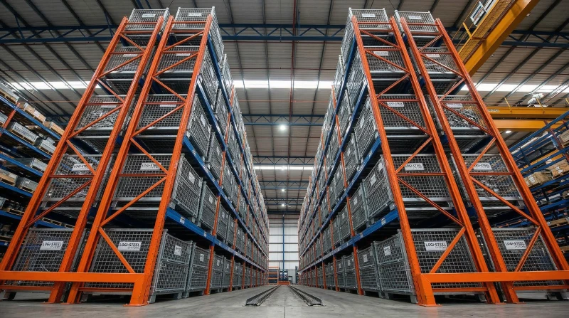 Massive high-bay warehouse racking system filled with steel wire pallet containers