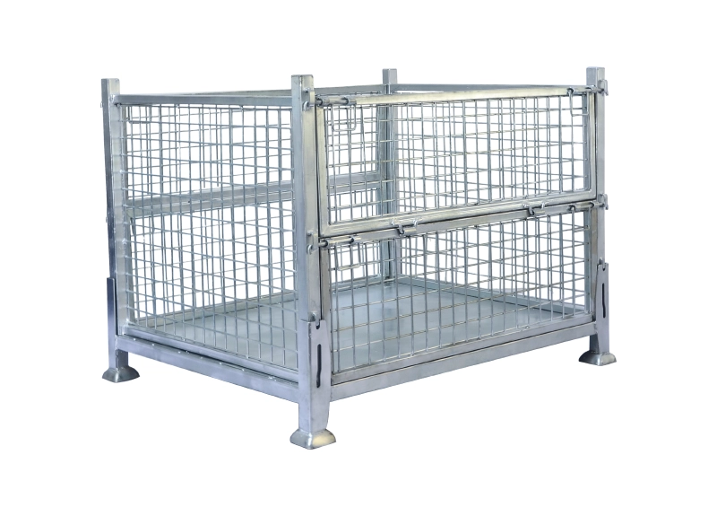 Galvanized steel wire mesh container with stacking feet and half-drop gate