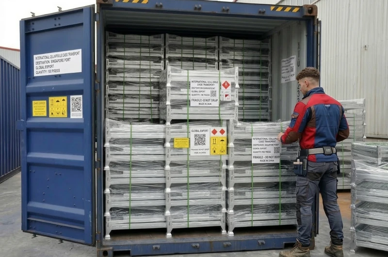 Werknemer inspecteert stapels ingeklapte gaascontainers geladen in zeecontainer