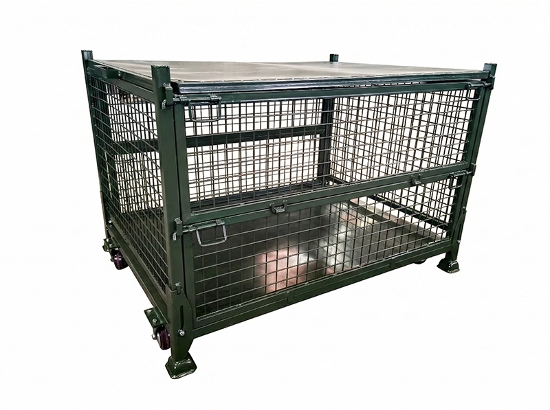 Lidded dark green steel mesh container with half-drop gate and casters
