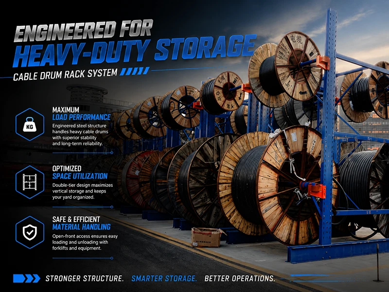 Heavy-duty cable drum rack system loaded with large wooden reels along a warehouse aisle