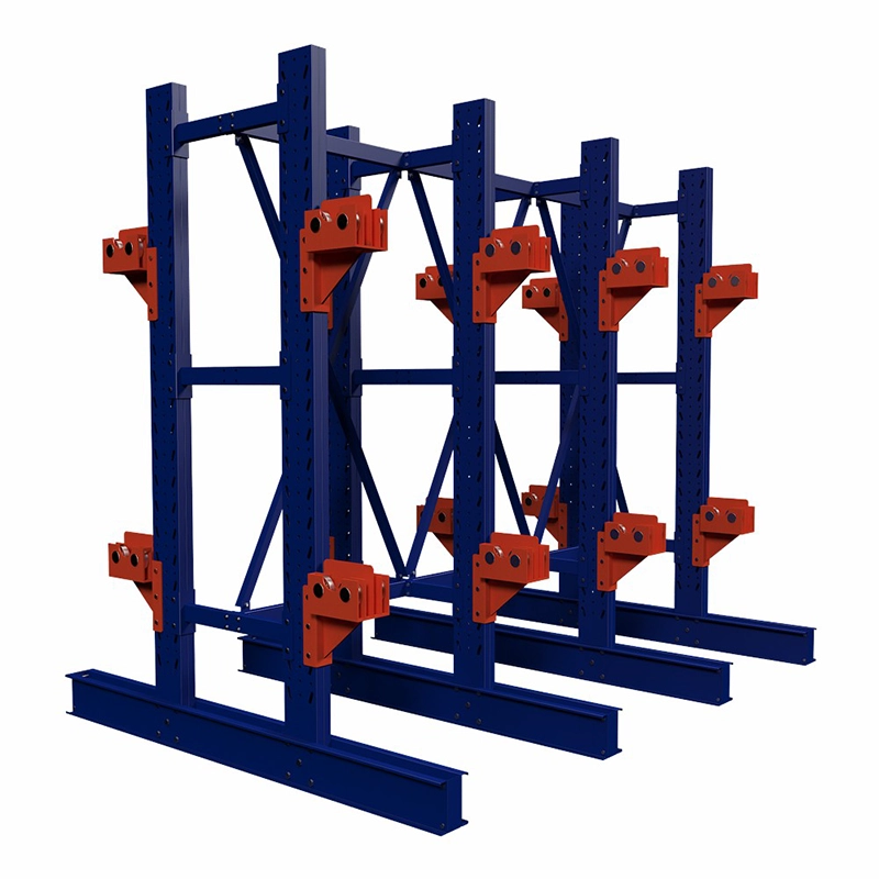 Empty heavy-duty cable reel storage rack with blue uprights, X-bracing and orange roller brackets