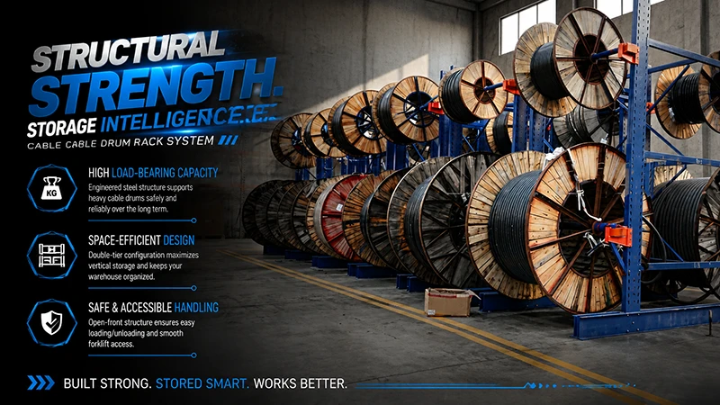 Long row of loaded cable drum racks storing mixed-size wooden reels in a warehouse aisle
