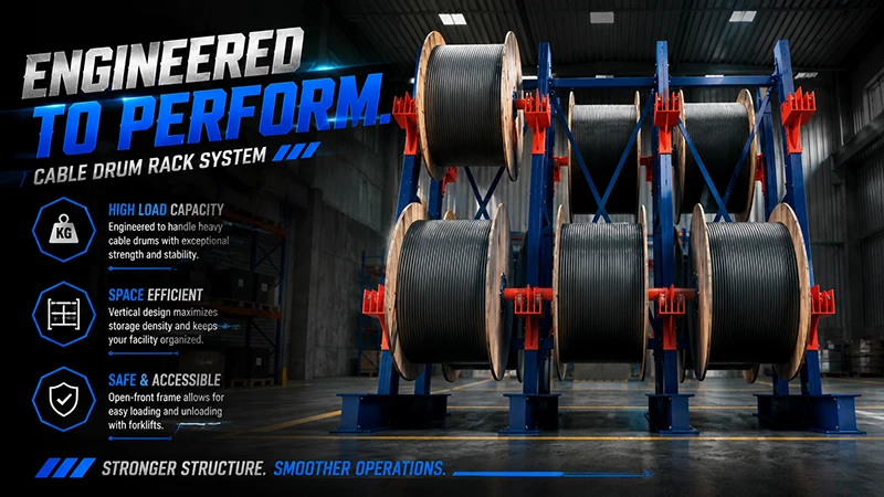 Front view of a loaded blue cable drum rack holding six reels on two levels