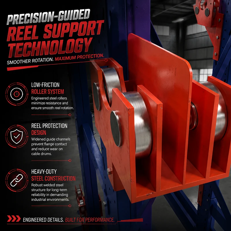 Close-up of a red reel support bracket with twin steel rollers for cable drum rotation