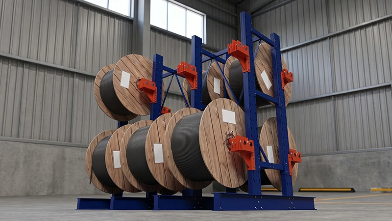 Double sided cable drum racking system with blue steel uprights and orange rolling bearing brackets holding loaded cable spools