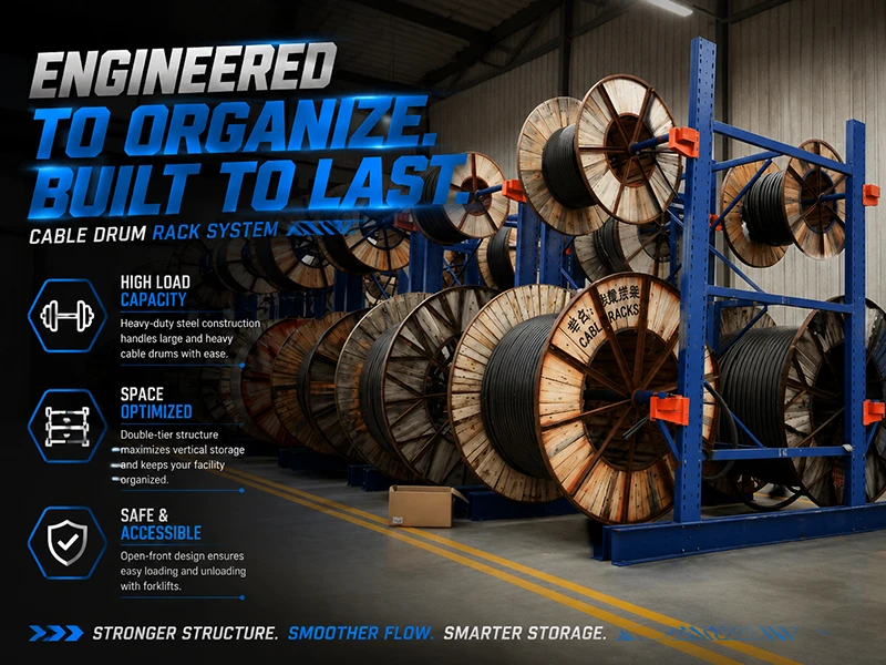 Perspective view of multiple loaded cable drum racks with mixed-size wooden reels