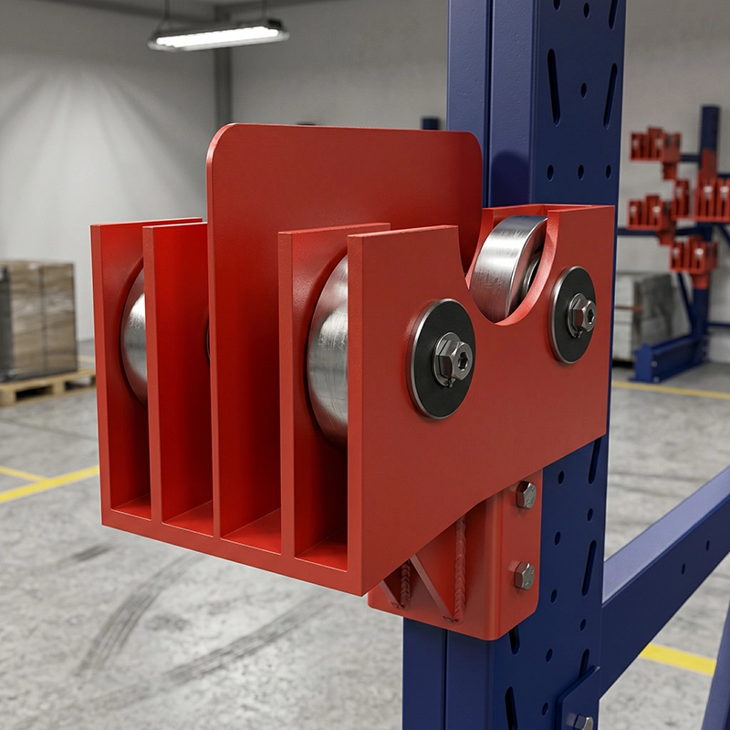 Close up of orange cable reel support bracket with integrated dual steel rollers and heavy duty mounting bolts