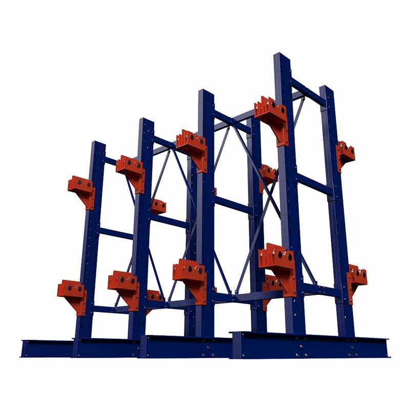 Low angle view of heavy duty wire reel rack system showcasing H-beam base columns and punched adjustable steel uprights
