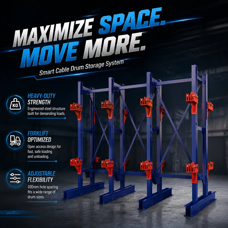 Multiple empty cable drum rack bays with blue braced frames and red adjustable supports