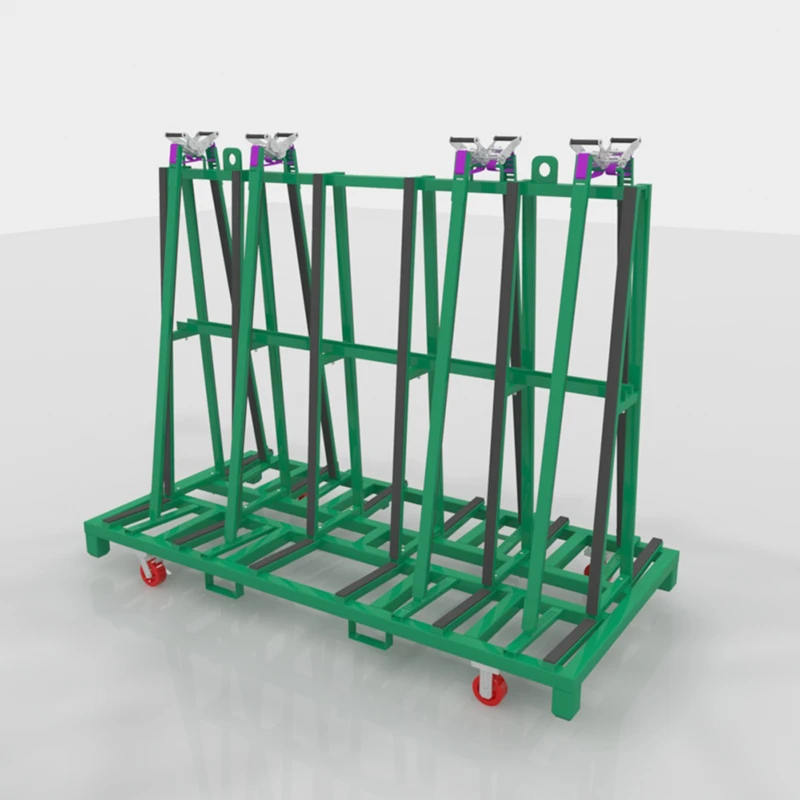 3D render of a double-sided glass storage rack with casters, triangular steel supports, and protective clamping bars