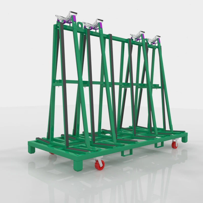 Nested blue powder-coated steel A-frame storage racks in KD shipping configuration for glass panels