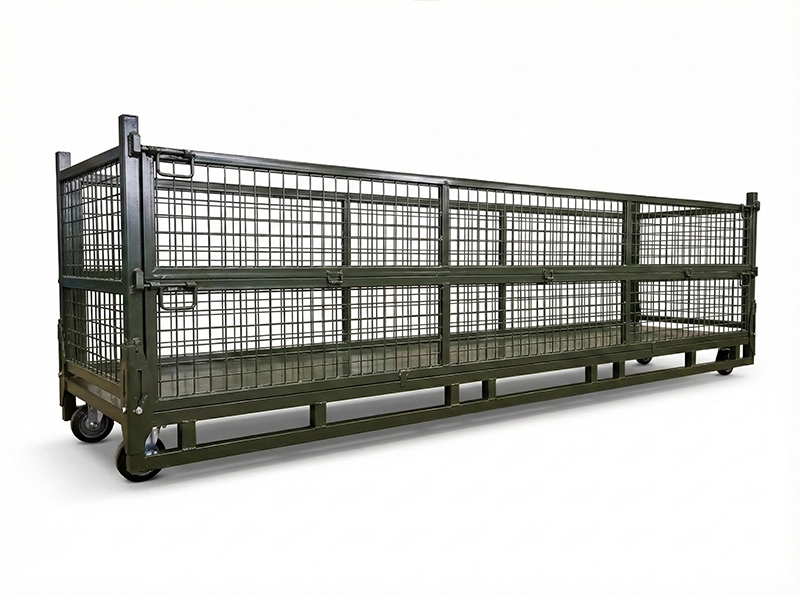 Extra-long custom green wire mesh pallet container on white background