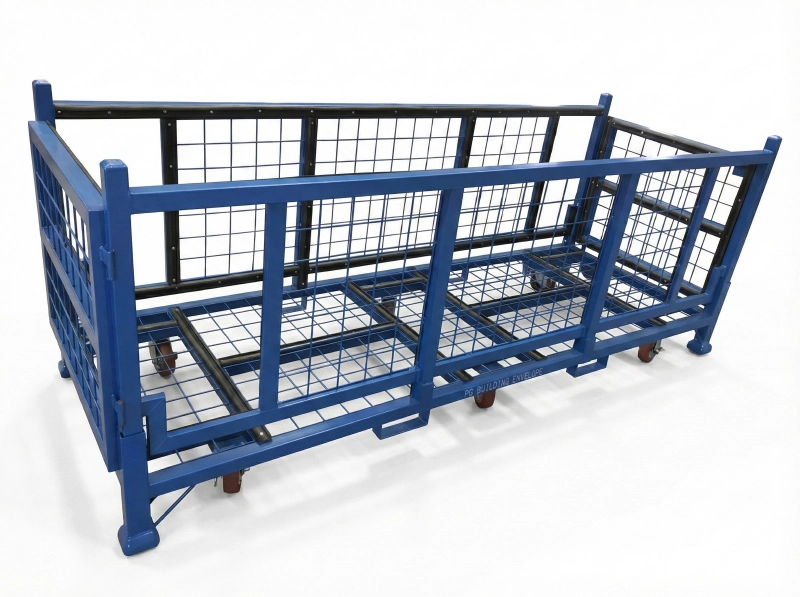 Extra-long custom blue steel wire mesh pallet container with casters