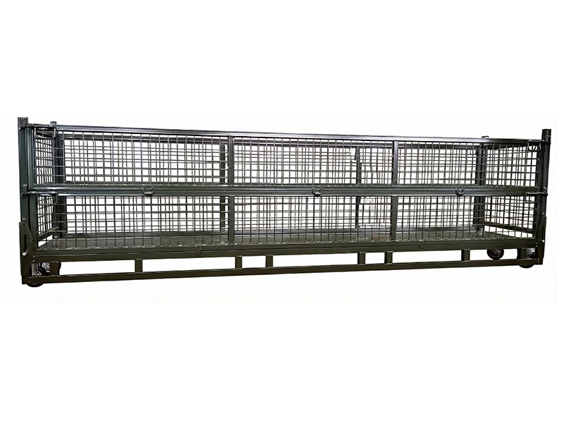 Front view of extra-long green custom wire pallet container on white background