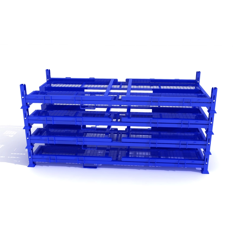 3D-render van vier lege blauwe stalen motorpalletstellingen verticaal gestapeld via hoekmoffen