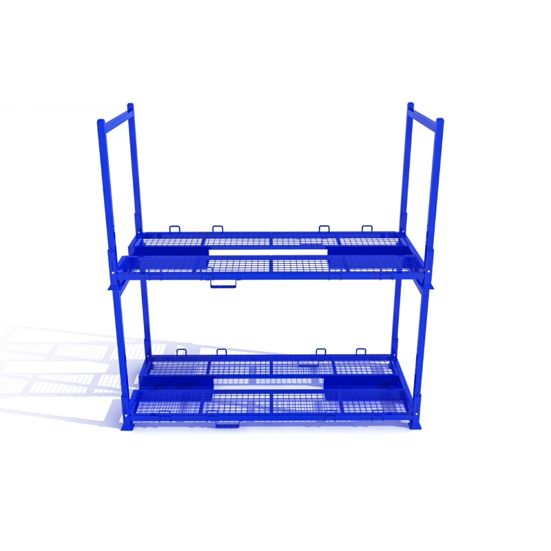 3D render of two-tier stacked blue steel motorcycle pallet racks with wire mesh deck and lashing loops