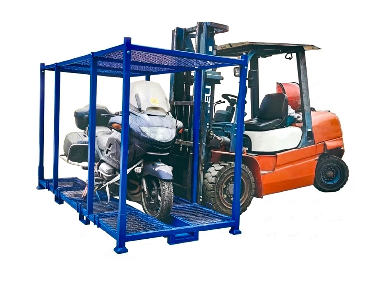 Forklift lifting blue steel motorcycle pallet rack with wire mesh deck holding a motor scooter