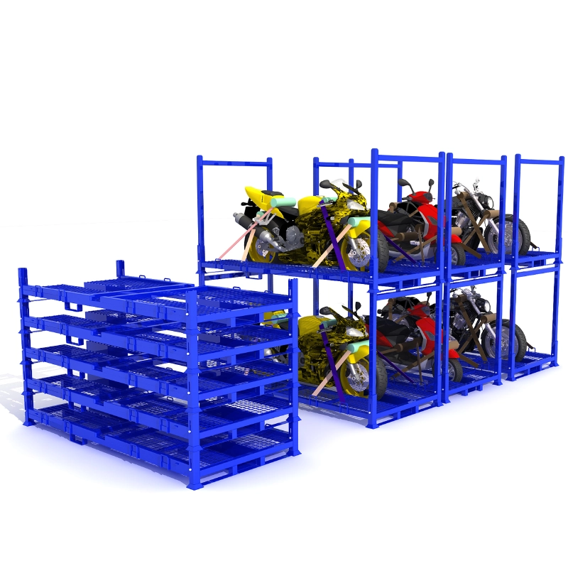 3D render of stackable blue steel motorcycle pallet racks in folded stack and double-tier storage modes