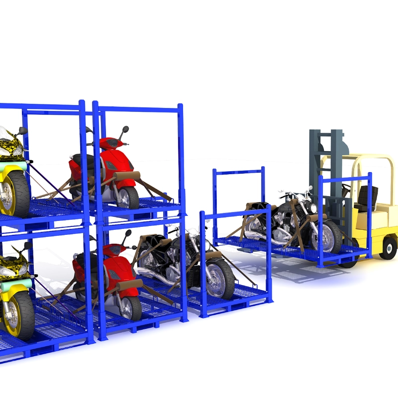 3D render of steel motorcycle pallet racks with wire mesh deck showing stackability and forklift handling
