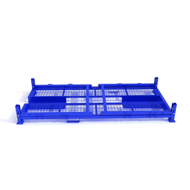 Blue steel motorcycle shipping pallet with wire mesh deck, center reinforcing steel channel and stacking posts