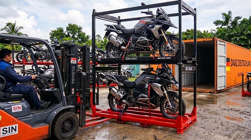 Forklift moving red rack with two BMW motorcycles