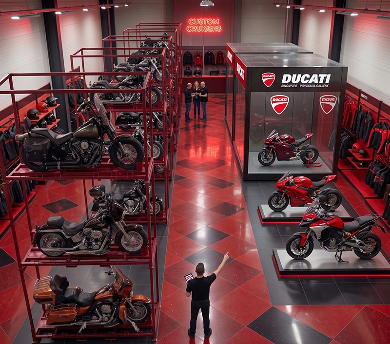 Multi-tier motorcycle display system in premium showroom