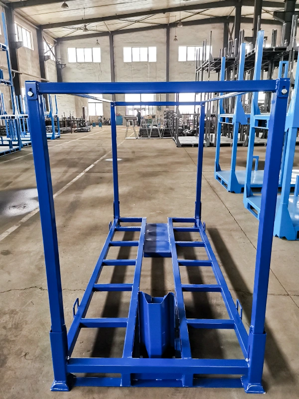 Blue powder coated steel motorcycle shipping pallet with twin rails and detachable grid side panels