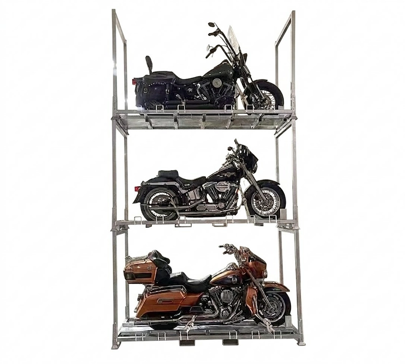 Three-tier steel motorcycle pallet rack with wheel restraints for vertical stacking storage