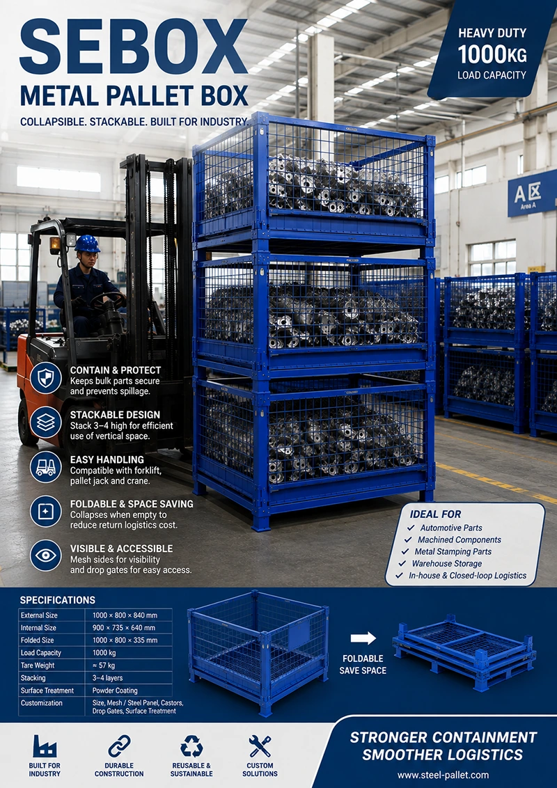 Blue collapsible metal pallet box stacked in warehouse, mesh sides, forklift handling, 1000kg load capacity.