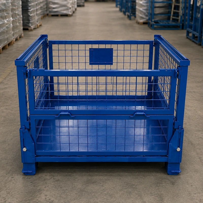 Blue collapsible wire mesh pallet cage with half-drop front gate and reinforced steel base, warehouse stock photo