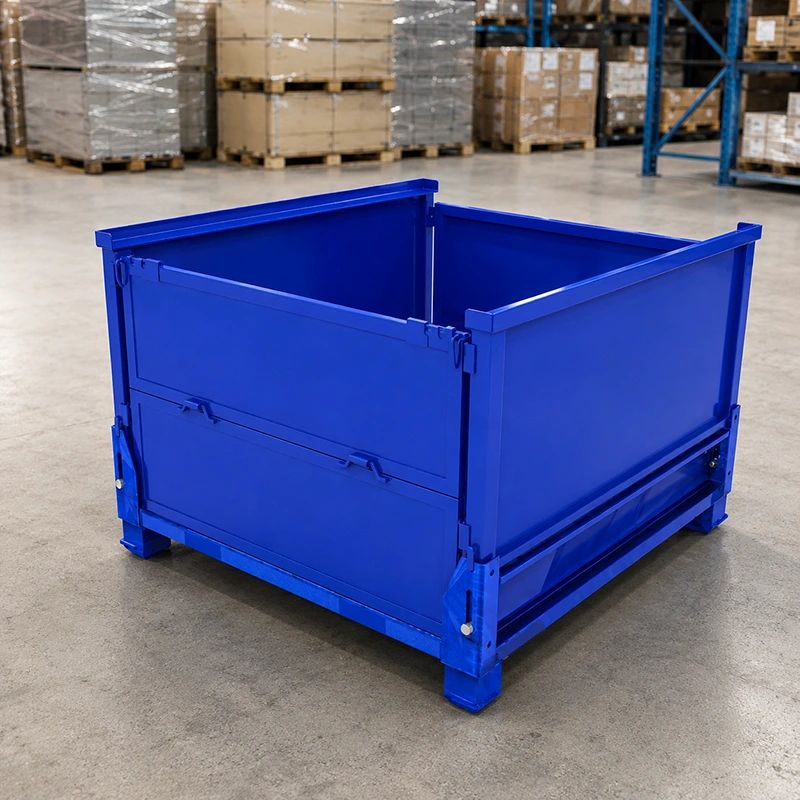 Blue collapsible steel pallet box with solid panels, drop-front gate, and stackable warehouse base