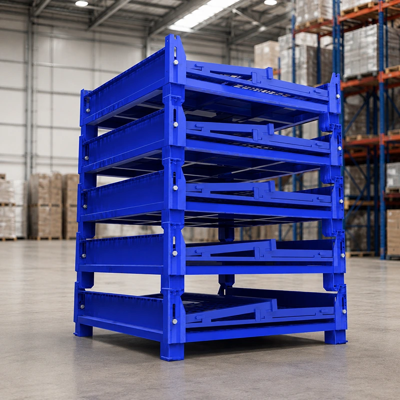Blue stackable steel pallet boxes with solid side walls for warehouse storage