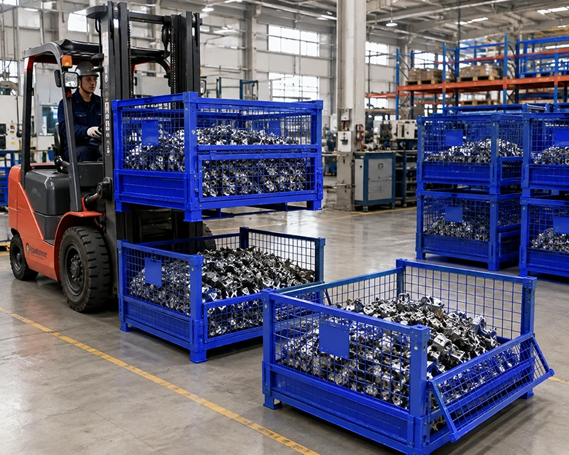 Forklift loading blue stackable wire mesh pallet boxes with forklift pockets in a warehouse.