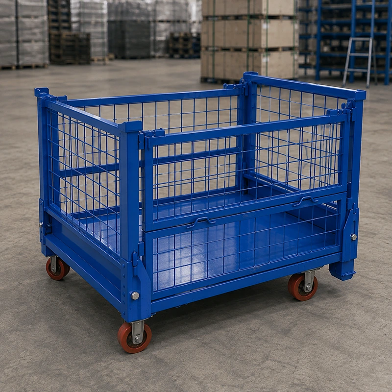 Blue collapsible wire mesh pallet stillage with drop-front gate and swivel casters in warehouse.