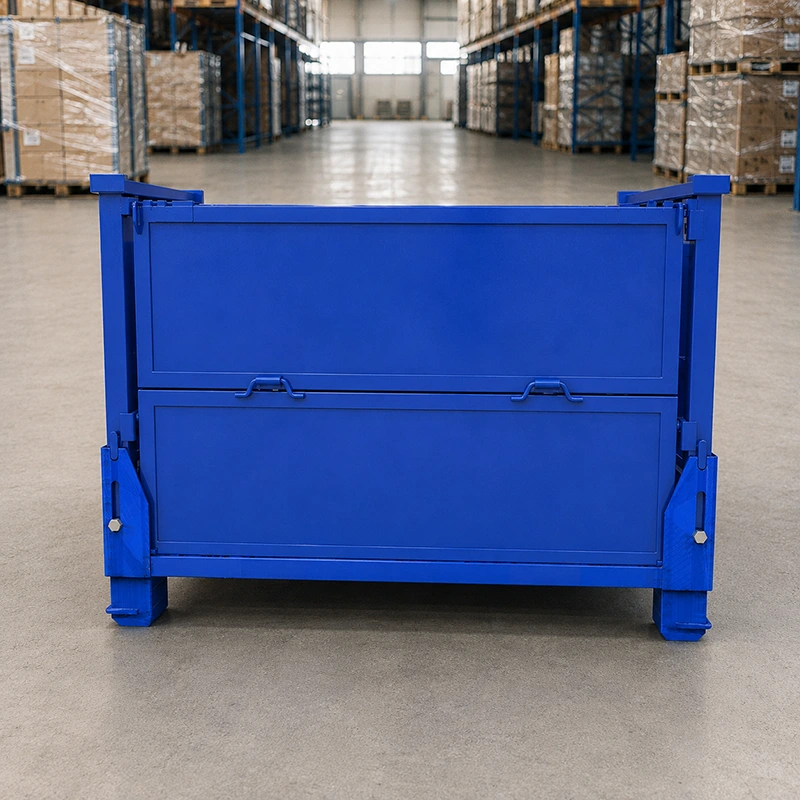 Blue foldable steel pallet stillage with solid panels and forklift pockets in warehouse