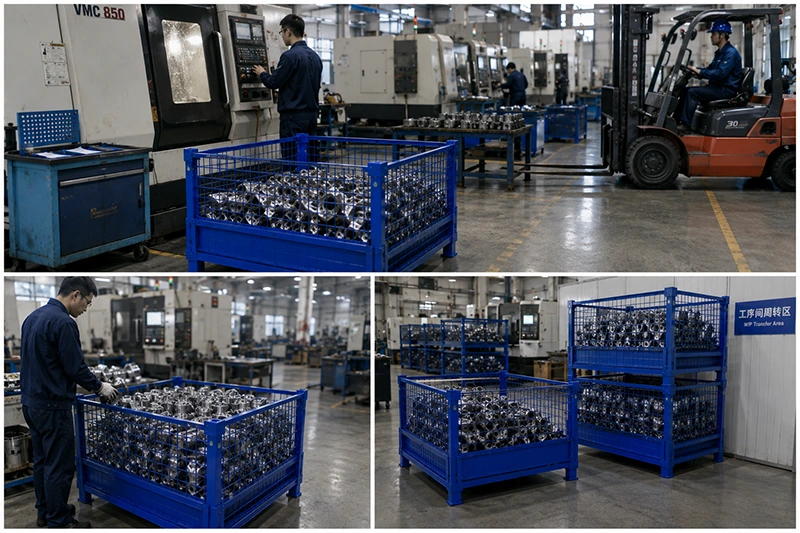 Blue welded steel mesh pallet boxes loaded with machined metal parts in a machining workshop.