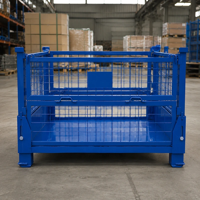 Blue stackable steel mesh pallet box with front gate, forklift base feet, and reinforced warehouse frame