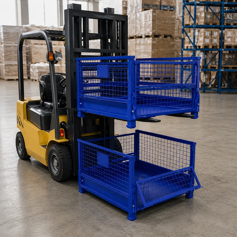 Forklift lifting blue collapsible wire mesh pallet cages in a warehouse