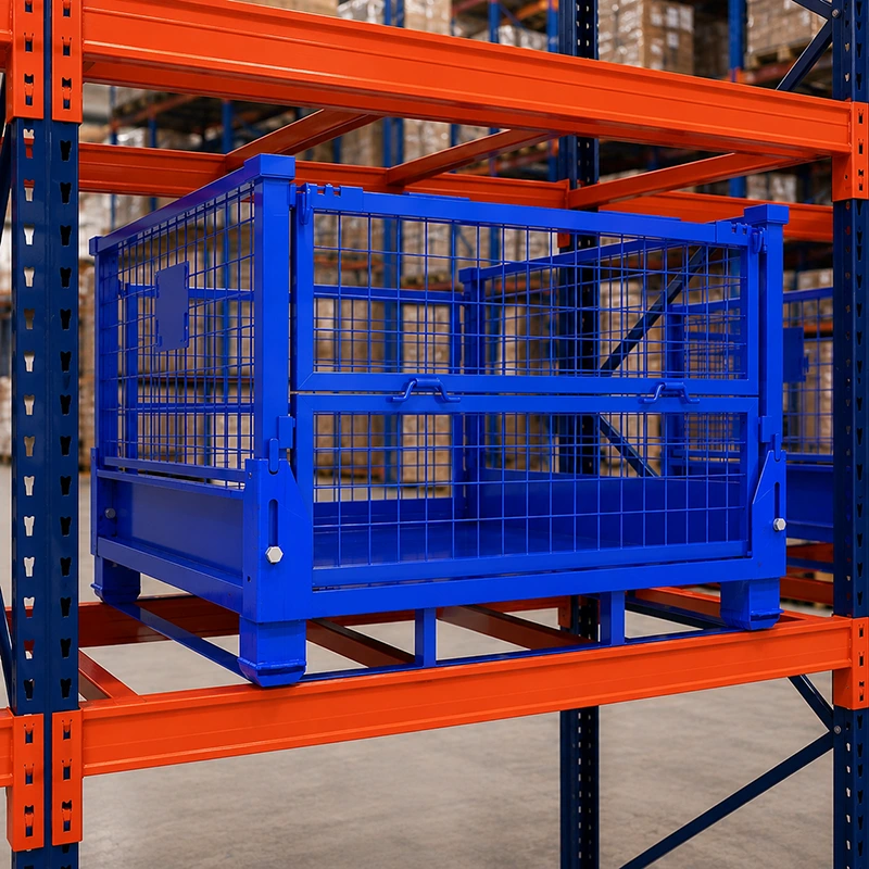 Blue collapsible wire mesh pallet cage on warehouse rack beams, front latch gate, heavy-duty steel stillage