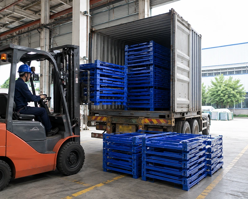 Forklift loading blue collapsible steel pallet stillages into a shipping container for warehouse bulk transport.