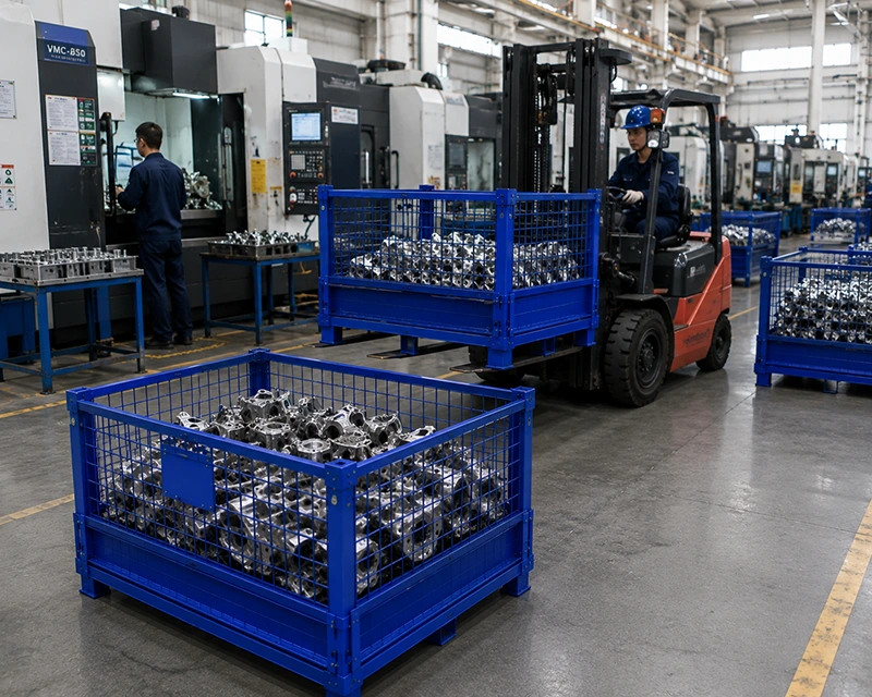 Blue powder-coated stackable steel mesh pallet boxes loaded with machined parts in a CNC factory, forklift transfer