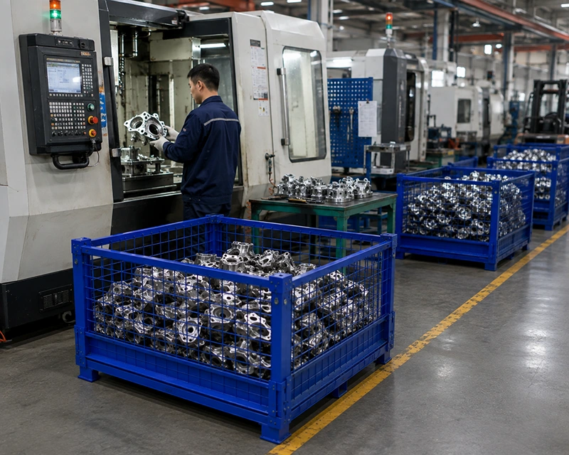 Factory worker inspecting machined metal parts beside blue stackable steel wire mesh stillage bins in a CNC machine shop