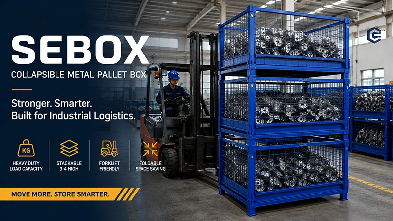 Blue collapsible wire mesh pallet boxes stacked three high in an industrial warehouse beside a forklift.